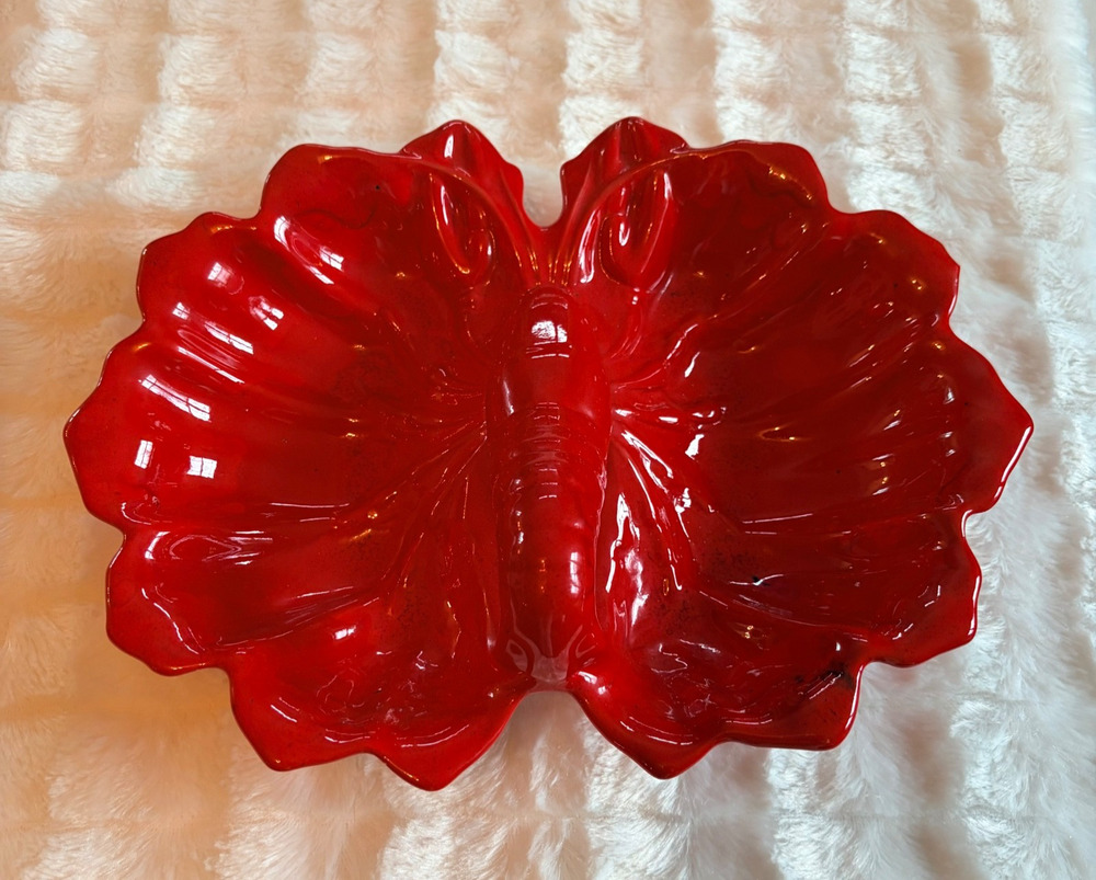Vibrant Red Lobster Shell Ceramic Divided Serving Dish Coastal Decor Sea Life